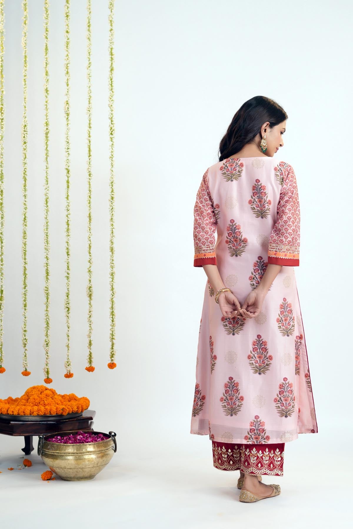 Peach A-Line Kurta In Hand Block Printed Chanderi Fabric