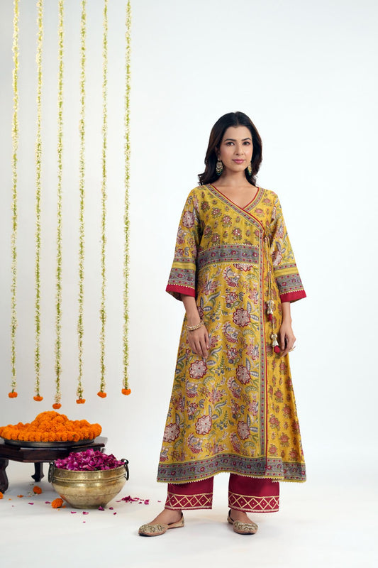Mustard Yellow Angrakha Kurta In Chanderi Fabric