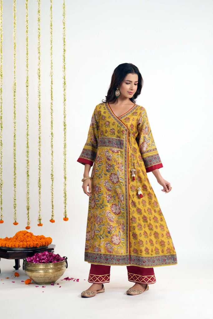 Mustard Yellow Angrakha Kurta In Chanderi Fabric