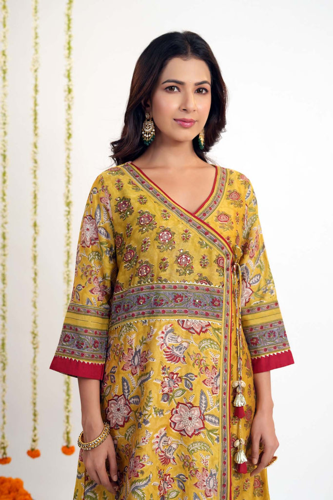 Mustard Yellow Angrakha Kurta In Chanderi Fabric