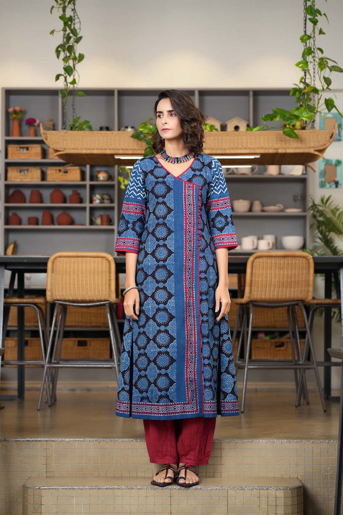 Indigo Blue A-Line Kurta In Ajrak Cotton Print