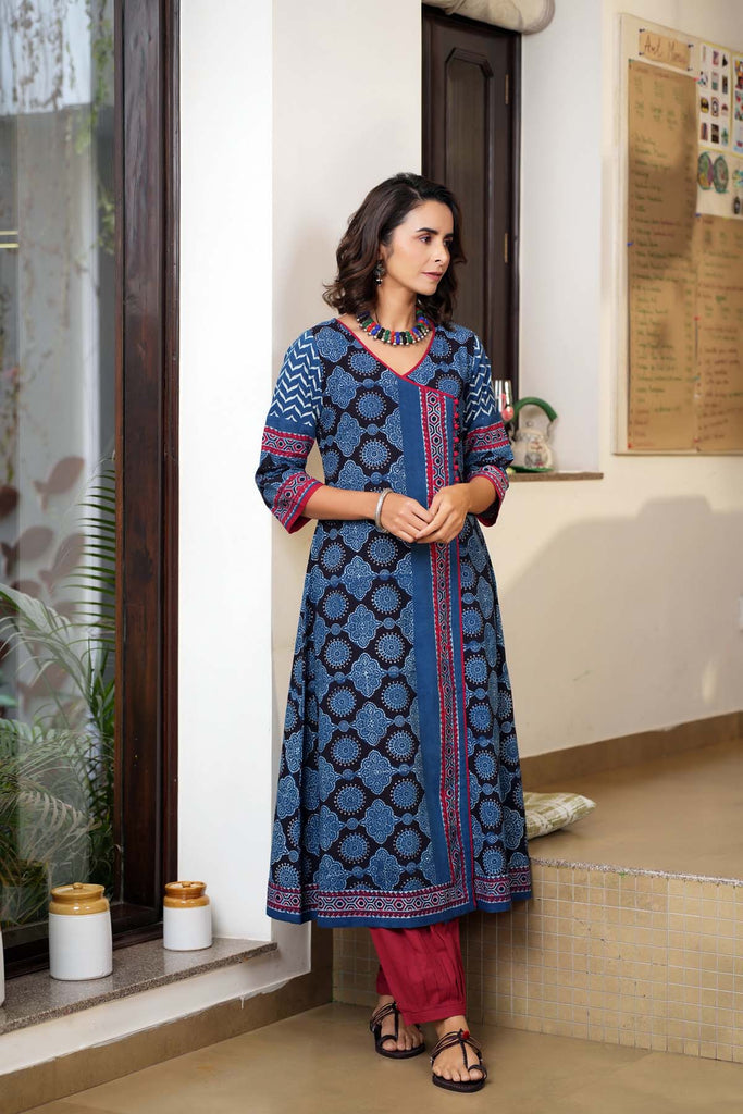 Indigo Blue A-Line Kurta In Ajrak Cotton Print