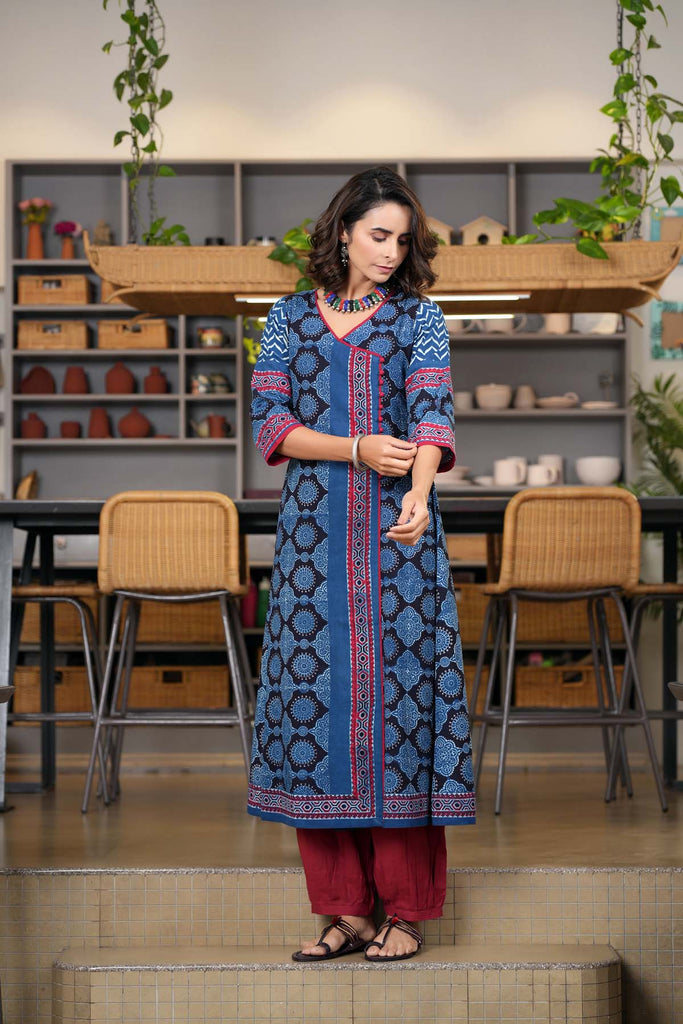 Indigo Blue A-Line Kurta In Ajrak Cotton Print