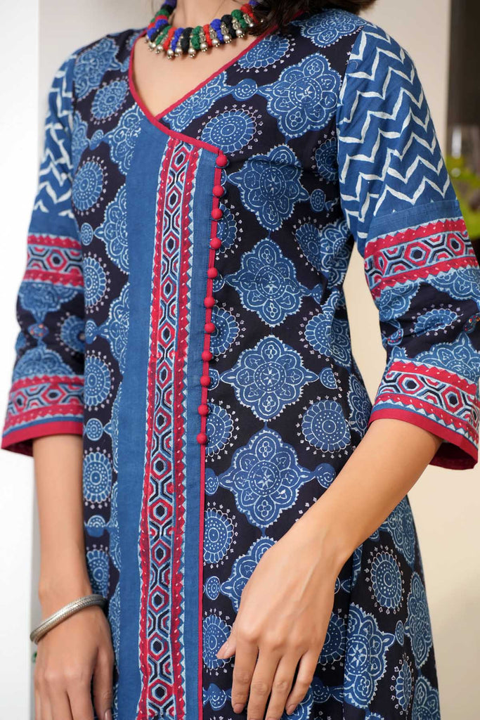 Indigo Blue A-Line Kurta In Ajrak Cotton Print