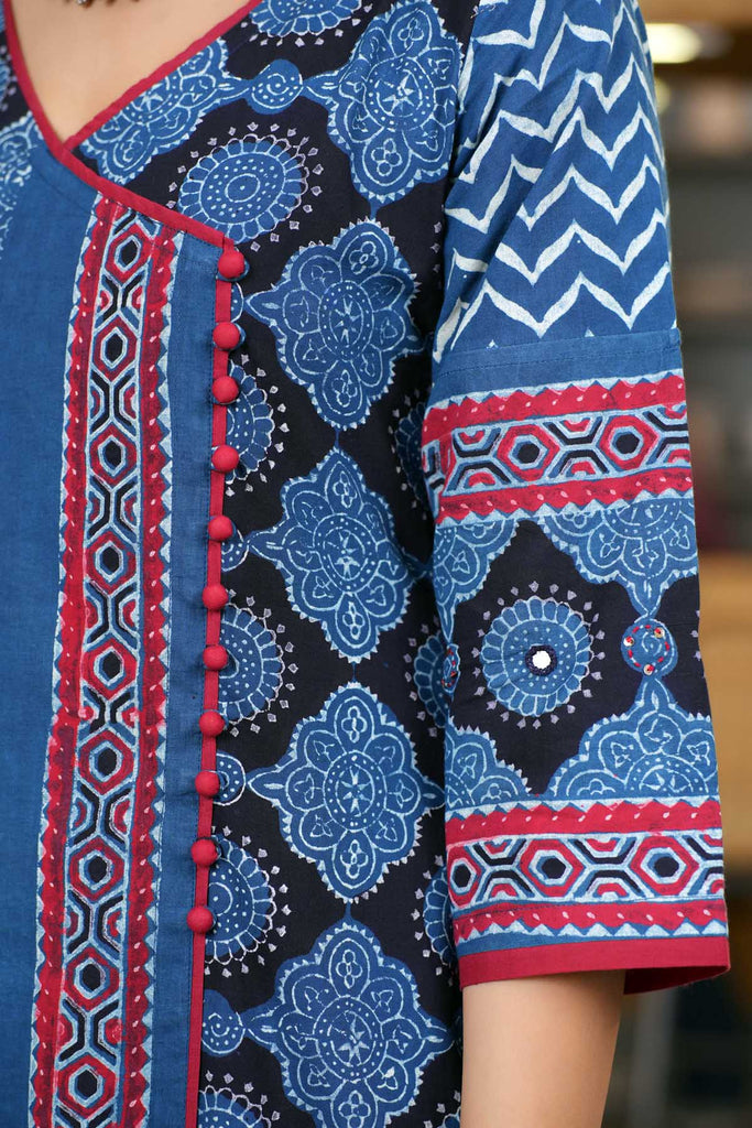 Indigo Blue A-Line Kurta In Ajrak Cotton Print