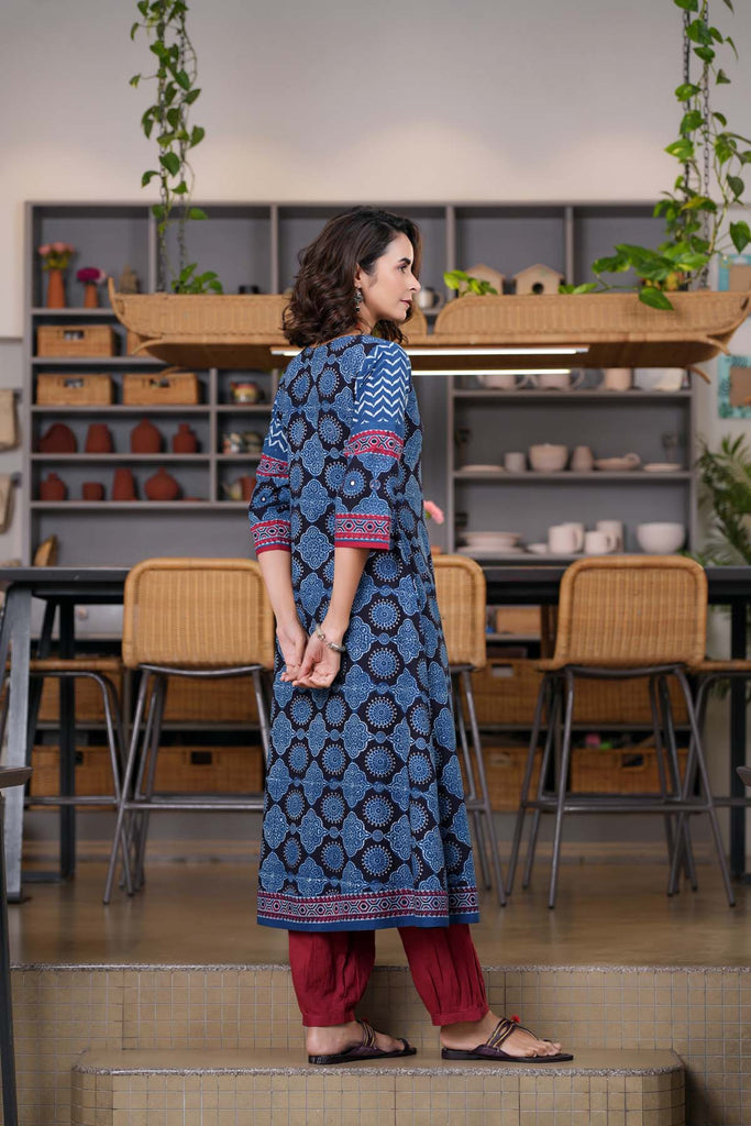 Indigo Blue A-Line Kurta In Ajrak Cotton Print | Cotras Indigo Blue A-Line Kurta In Ajrak Cotton Print | Cotras