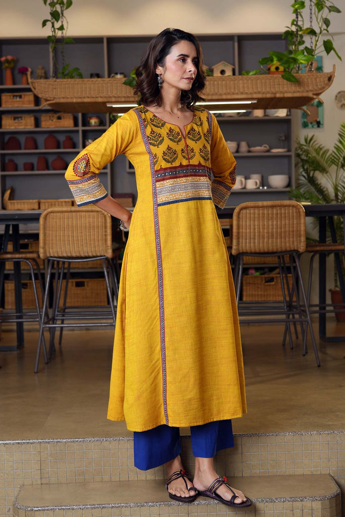 Mustard Yellow A-Line Kurta In Handloom Cotton