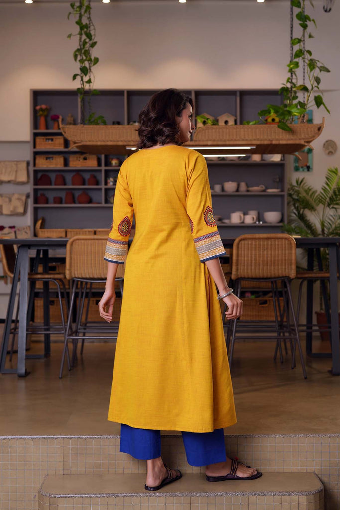 Mustard Yellow A-Line Kurta In Handloom Cotton