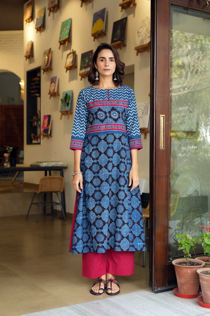 Long Length Indigo Blue A-Line Kurta In Ajrakh Cotton