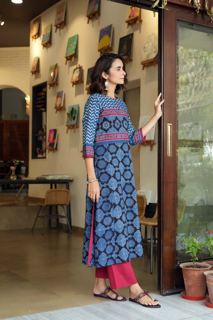 Long Length Indigo Blue A-Line Kurta In Ajrakh Cotton