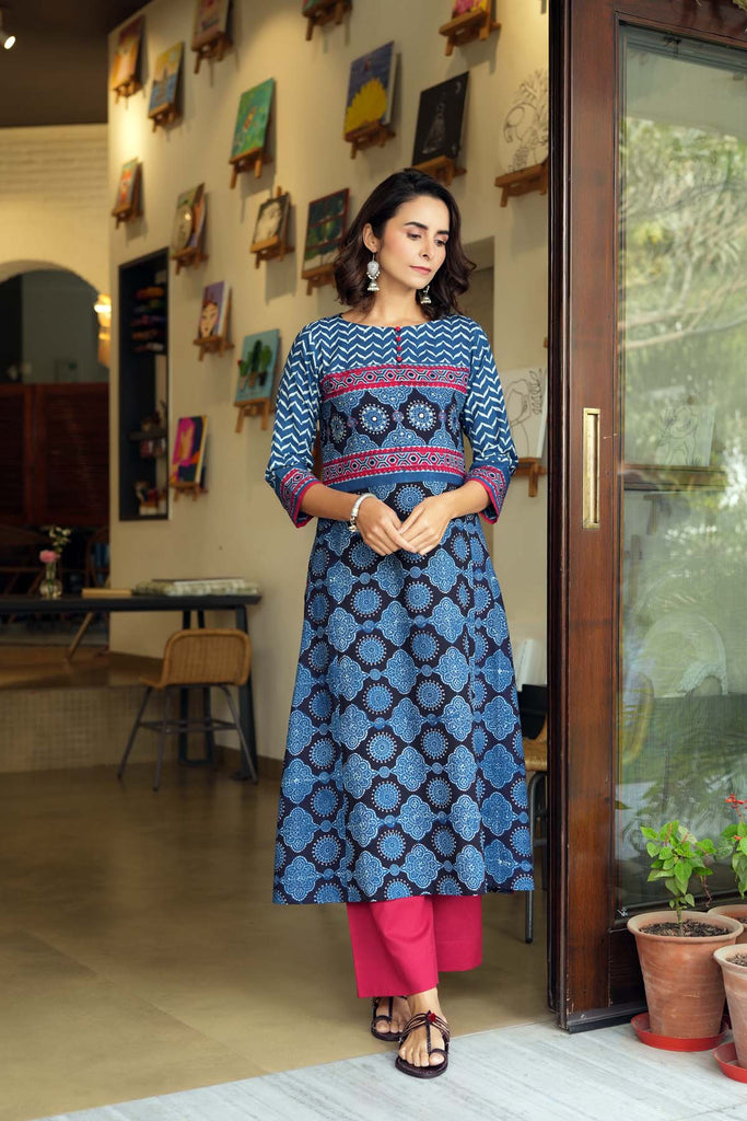 Long Length Indigo Blue A-Line Kurta In Ajrakh Cotton