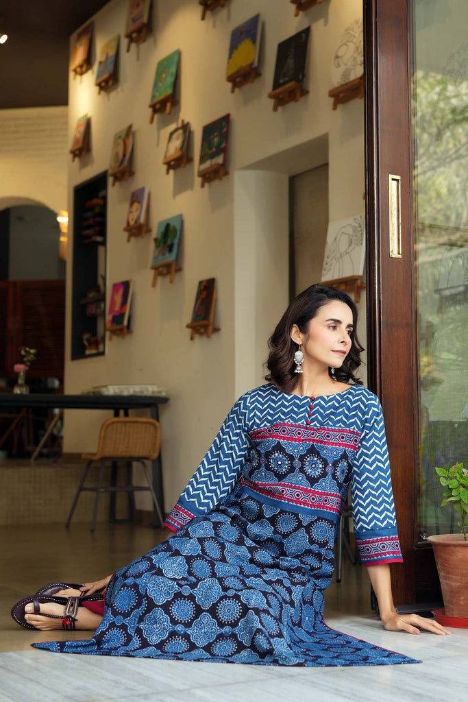 Long Length Indigo Blue A-Line Kurta In Ajrakh Cotton