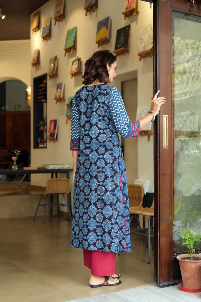 Long Length Indigo Blue A-Line Kurta In Ajrakh Cotton