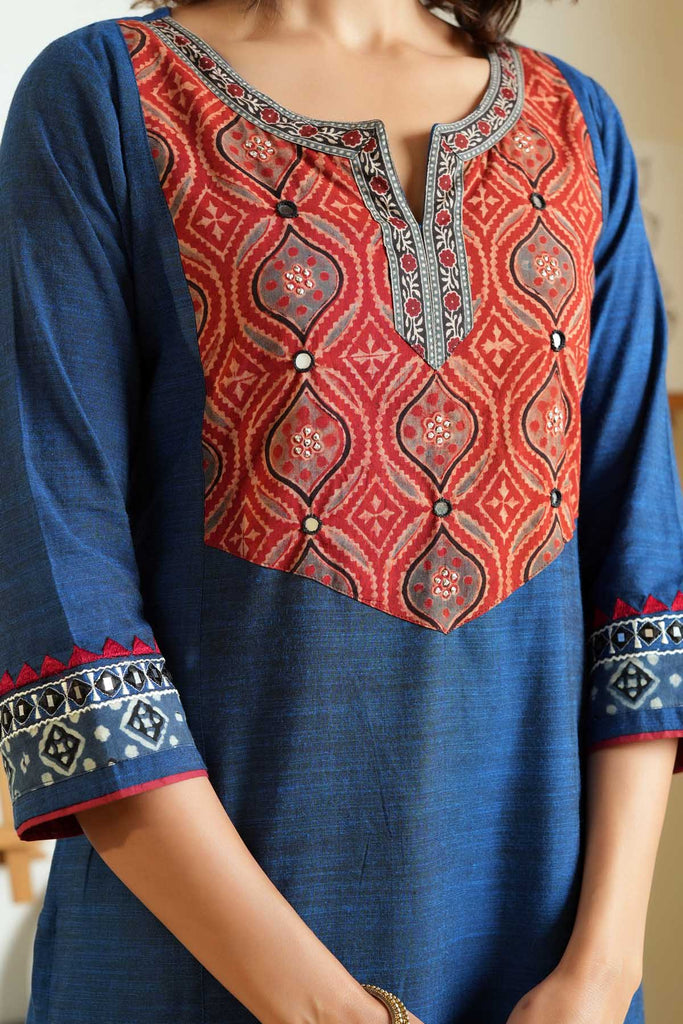 Deep Blue Long Length A-Line Kurta In Handloom Cotton