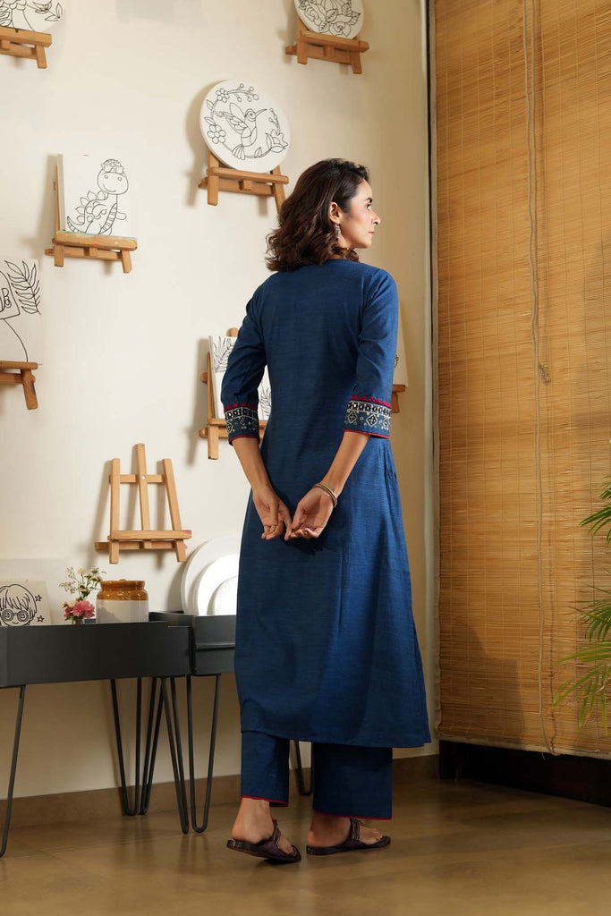 Deep Blue Long Length A-Line Kurta In Handloom Cotton