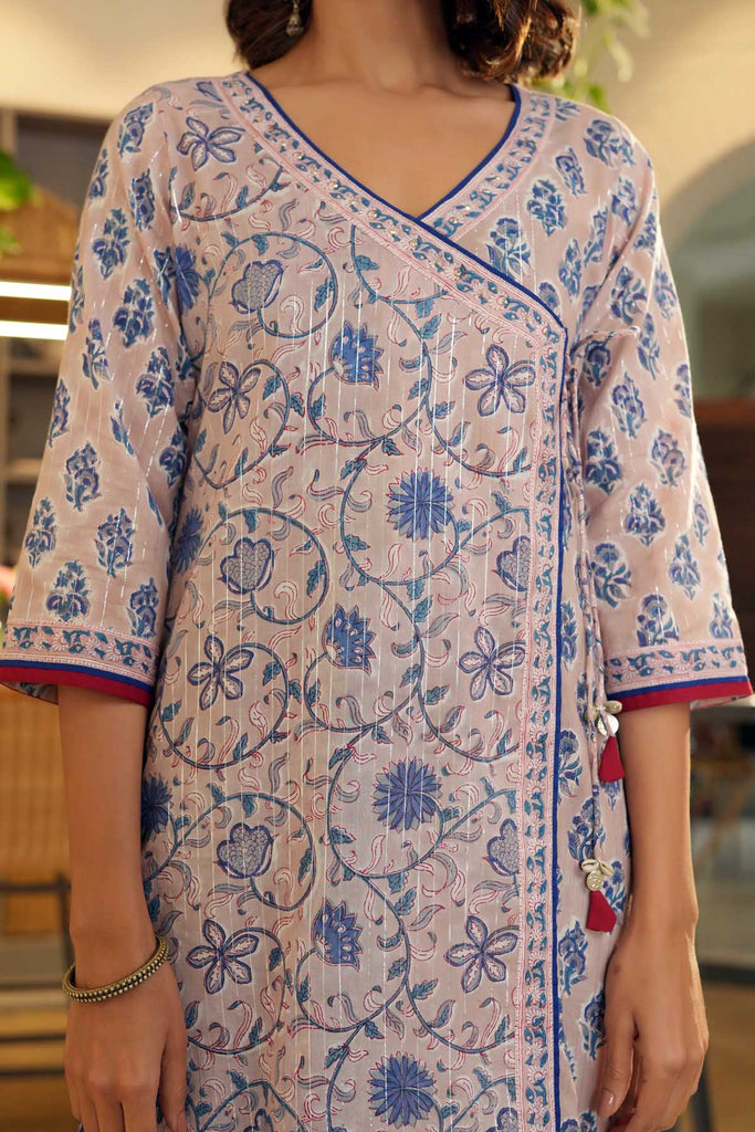 Peach Angrakha Style Kurta In Hand Block Cotton