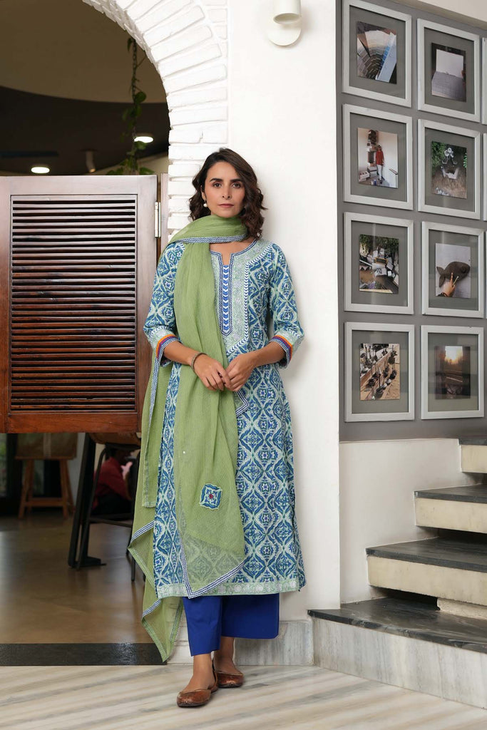 Astringent Green A-Line Kurta In Handblock Cotton