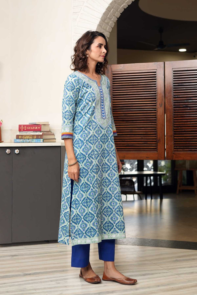 Astringent Green A-Line Kurta In Handblock Cotton