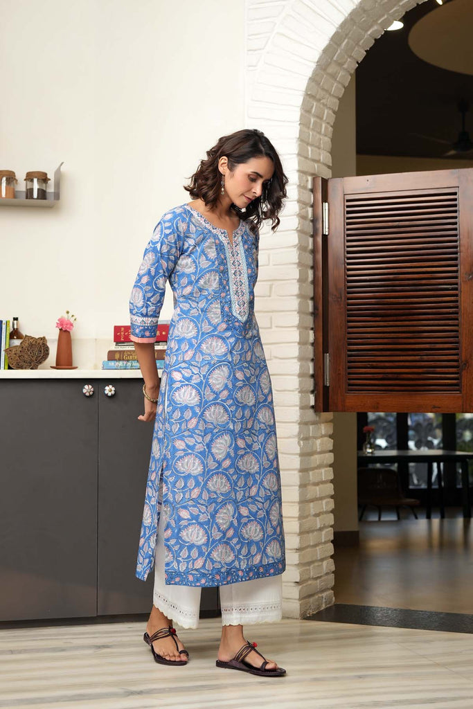 Blue Straight Fit Kurta In Hand Block Printed Cotton