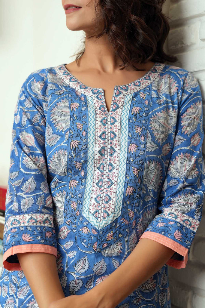 Blue Straight Fit Kurta In Hand Block Printed Cotton