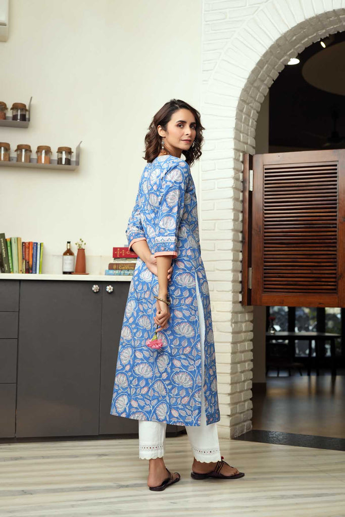 Blue Straight Fit Kurta In Hand Block Printed Cotton