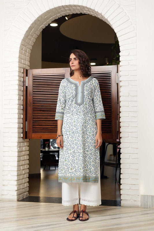 White Straight Fit Kurta In Hand Block Cotton