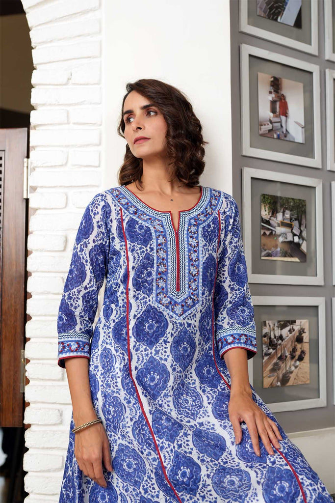 Long Length A-Line Kurta In Hand Block Cotton