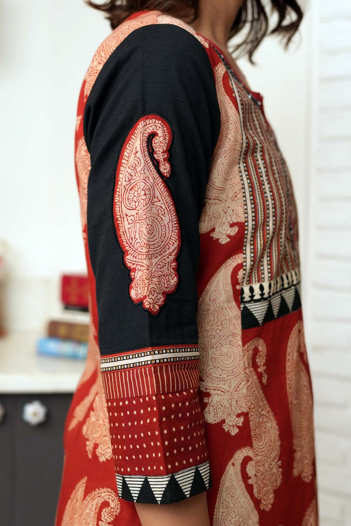 Long Length A-Line Kurta In Maroon Bagru Print