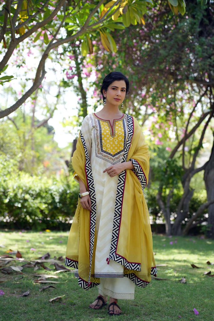 Cream Long Length A-Line Kurta In Cotton