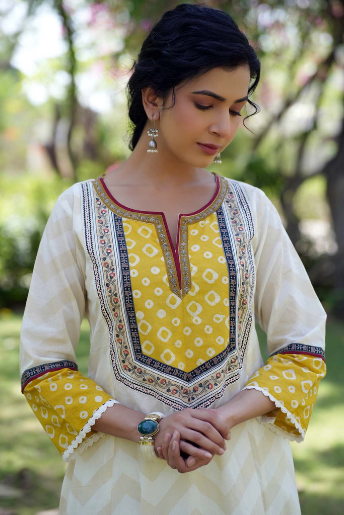 Cream Long Length A-Line Kurta In Cotton