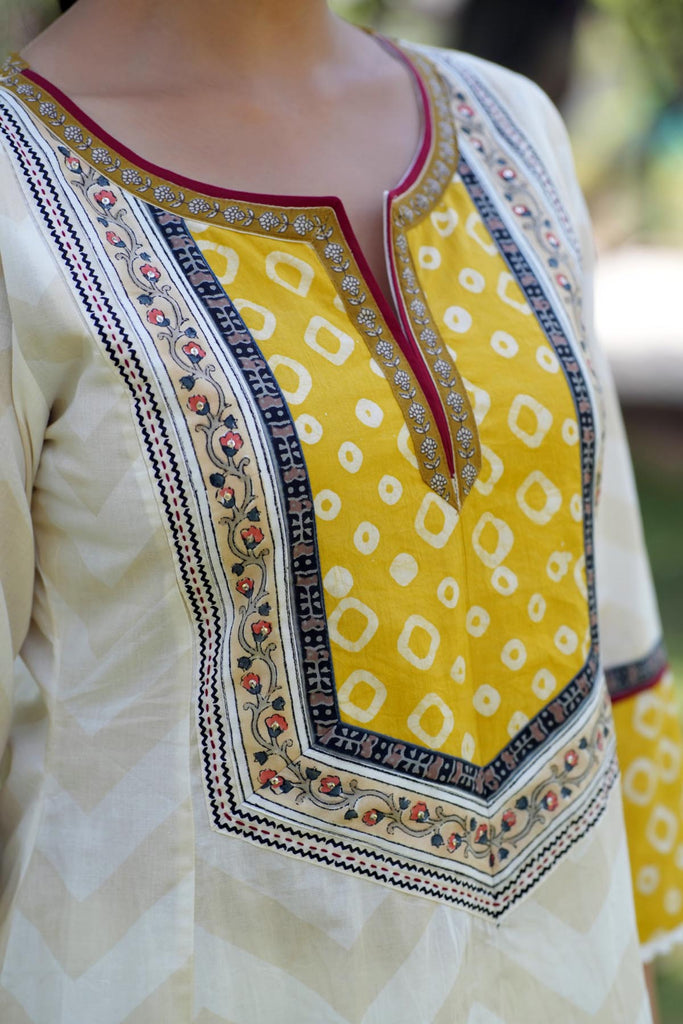 Cream Long Length A-Line Kurta In Cotton