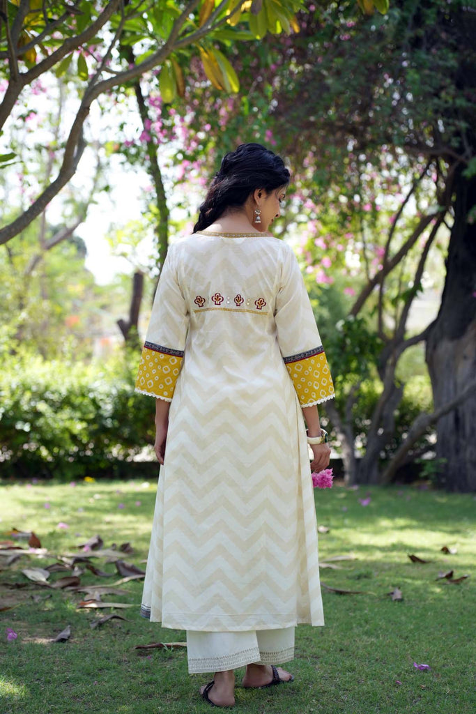 Cream Long Length A-Line Kurta In Cotton