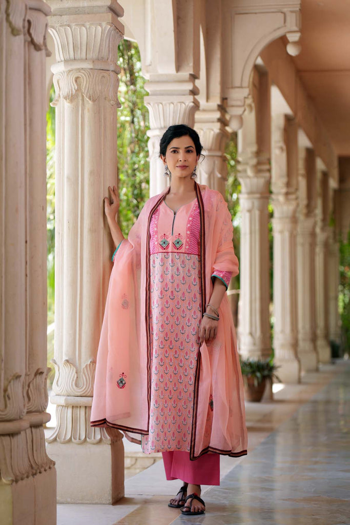Peach Straight Fit Long Length Kurta In Hand Block Cotton