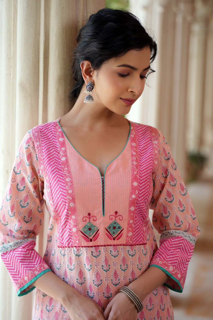 Peach Straight Fit Long Length Kurta In Hand Block Cotton