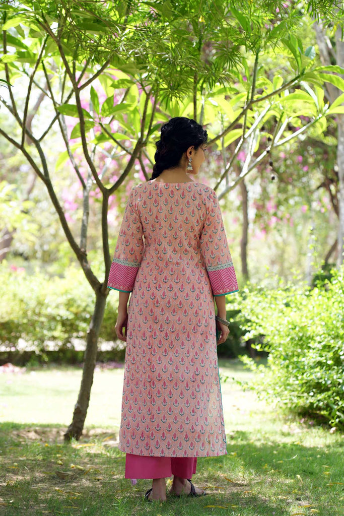 Peach Straight Fit Long Length Kurta In Hand Block Cotton