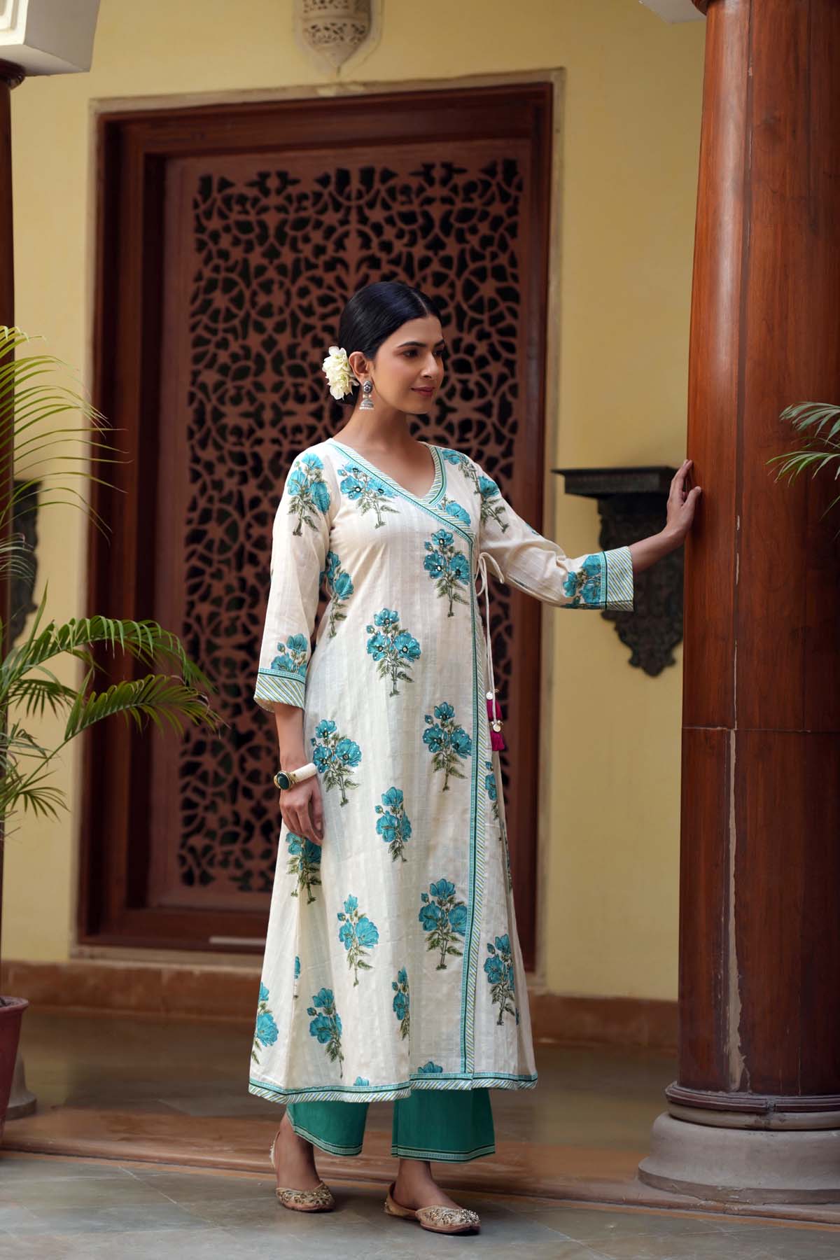 Cream Angrakha Style Kurta In Handloom Cotton