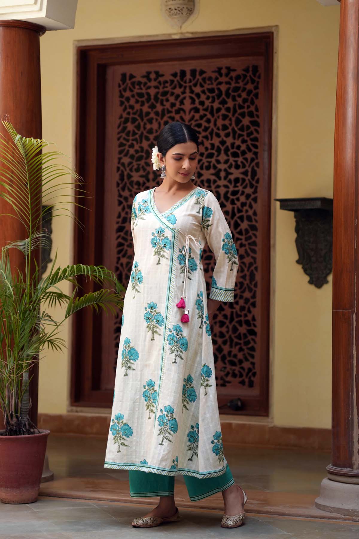 Cream Angrakha Style Kurta In Handloom Cotton