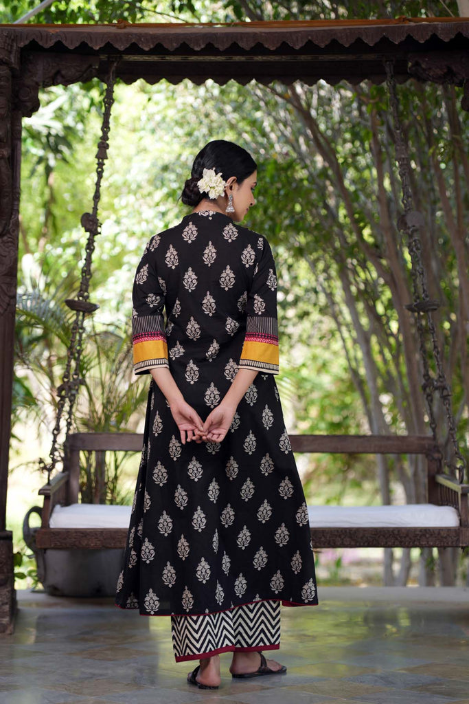 Black A-Line Kurta With Front Slit In Cotton