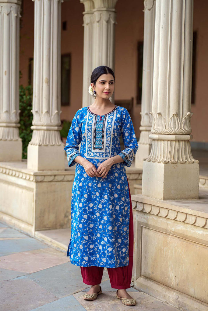 Straight Fit Hand Block Printed Kurta In Blue Color