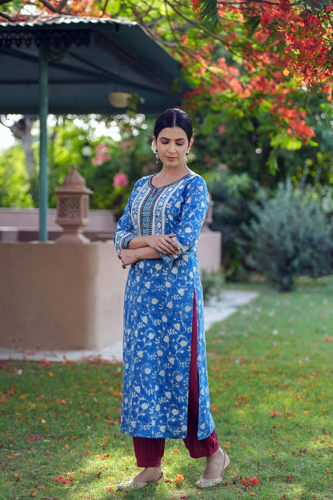 Straight Fit Hand Block Printed Kurta In Blue Color