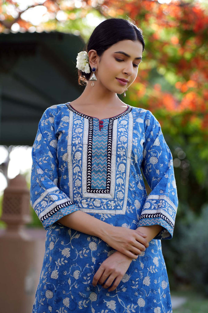 Straight Fit Hand Block Printed Kurta In Blue Color