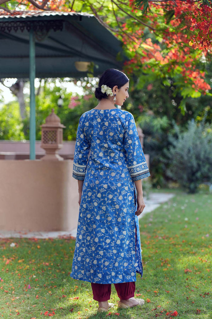 Straight Fit Hand Block Printed Kurta In Blue Color