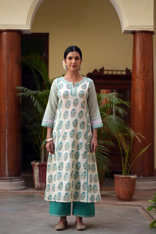 Cream Long Length A-Line Kurta In Handloom Cotton