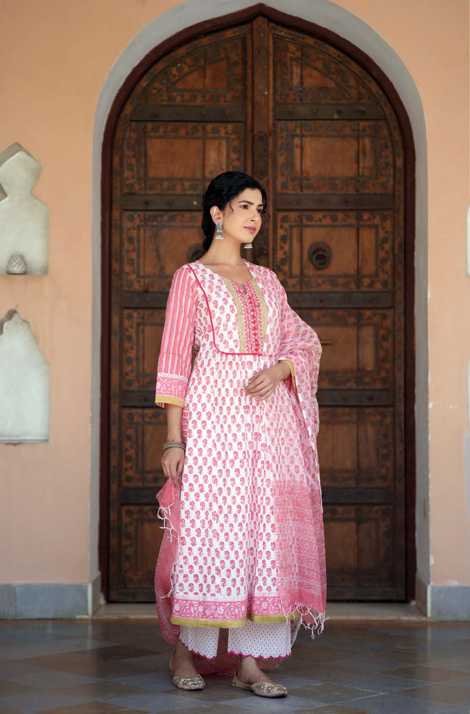 Peach A-Line Kurta In Hand Block Cotton Fabric