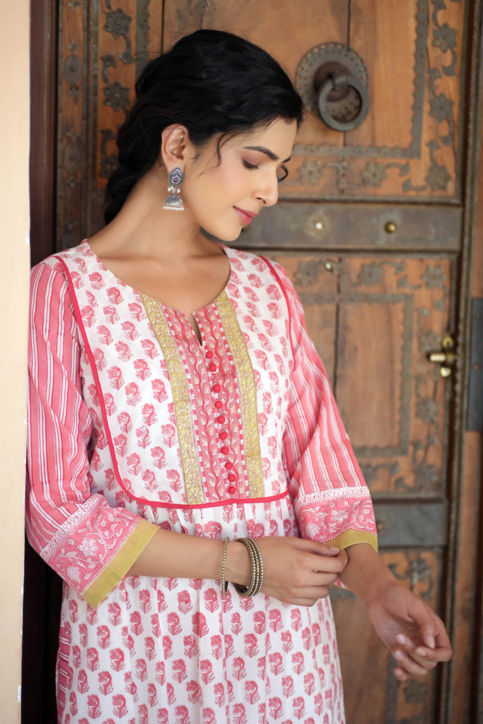 Peach A-Line Kurta In Hand Block Cotton Fabric