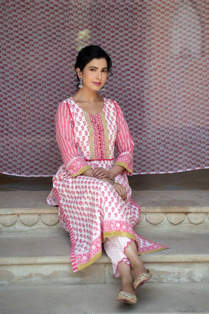 Peach A-Line Kurta In Hand Block Cotton Fabric