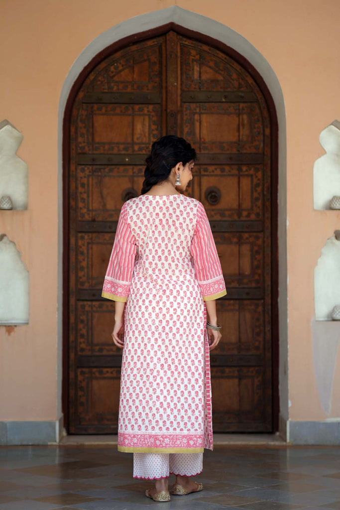 Peach A-Line Kurta In Hand Block Cotton Fabric