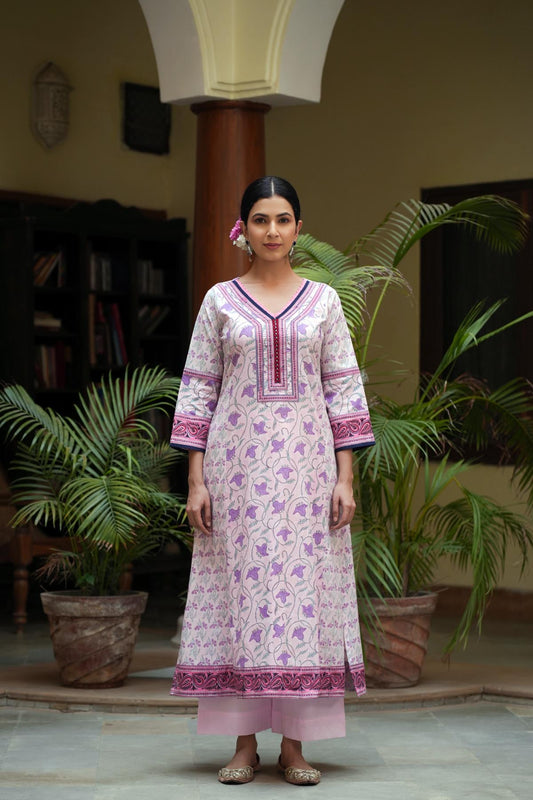 A-Line Hand Block Printed Cotton Kurta In Pink Base Color