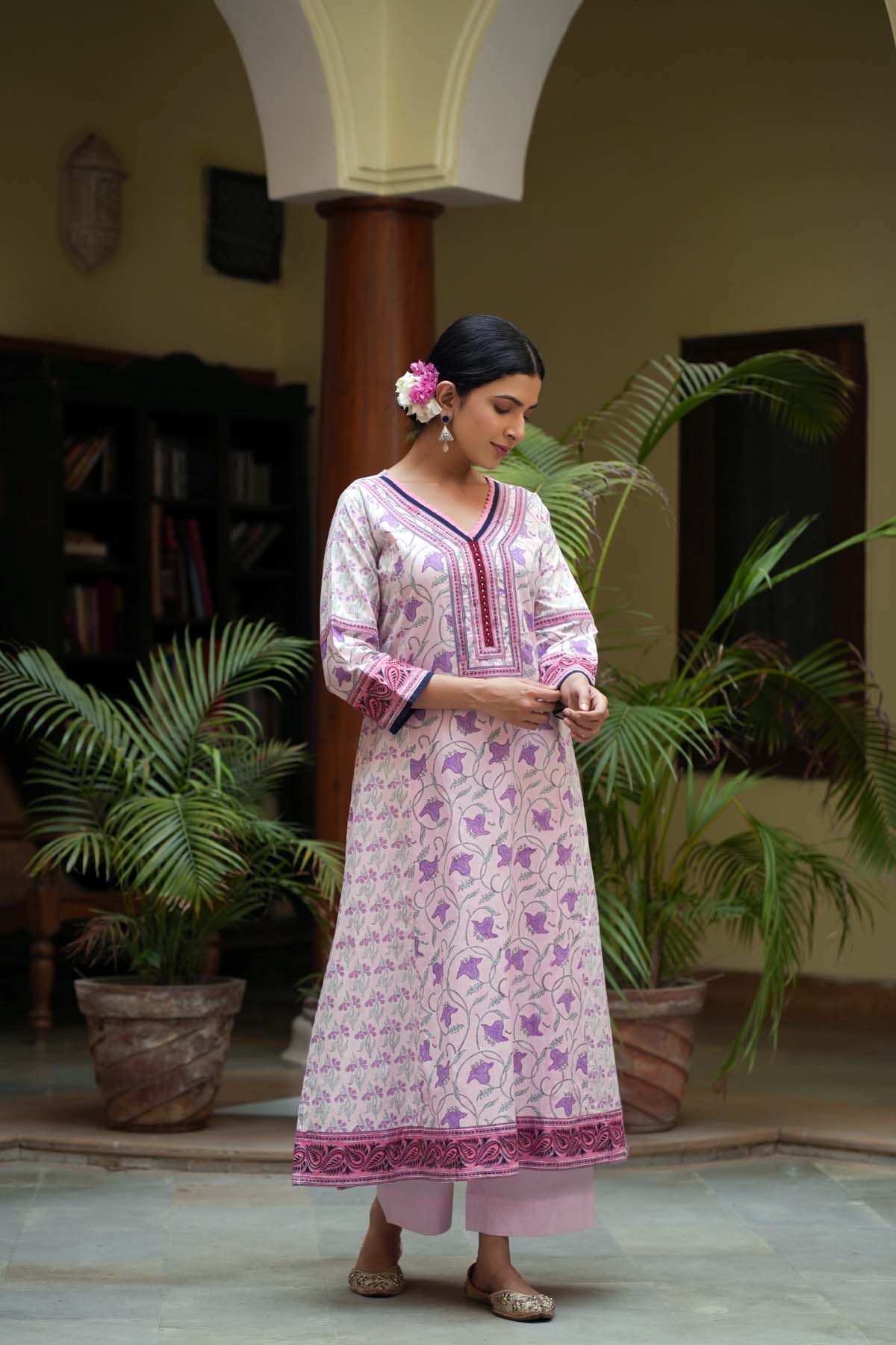 A-Line Hand Block Printed Cotton Kurta In Pink Base Color
