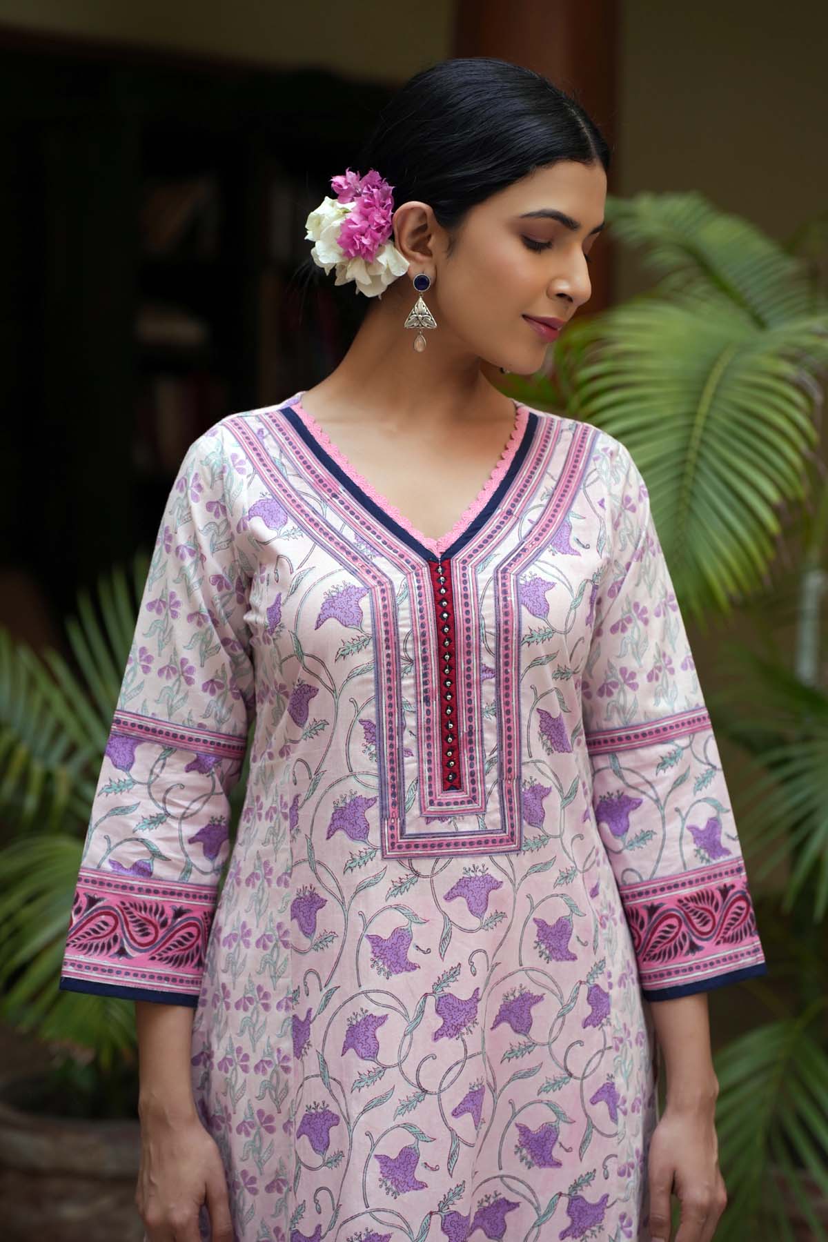 A-Line Hand Block Printed Cotton Kurta In Pink Base Color
